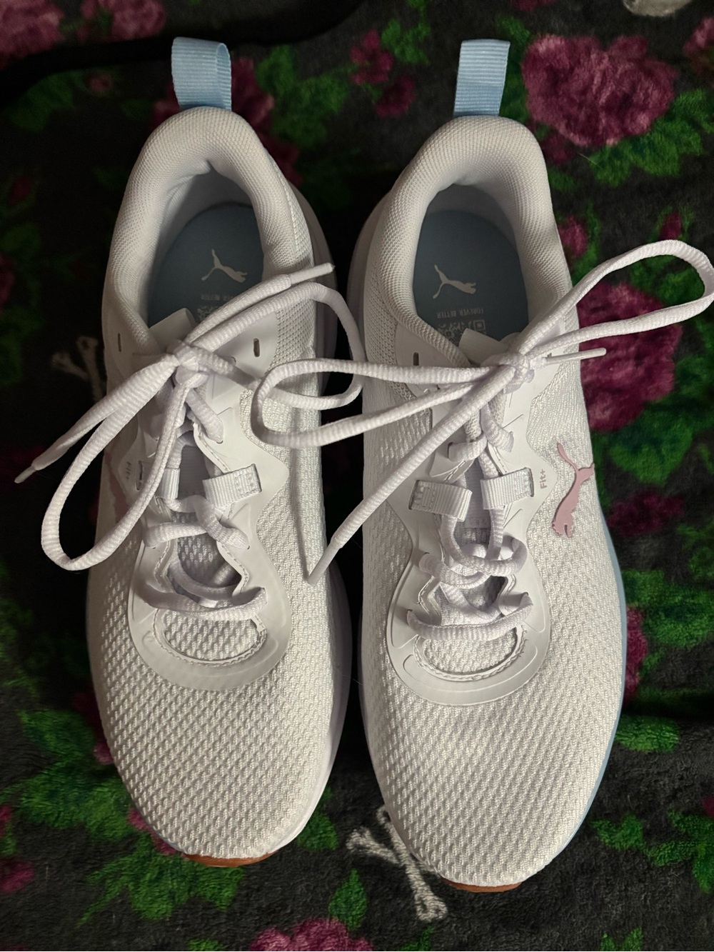 Puma Women's White Sneakers with Light Blue and Pink Accents